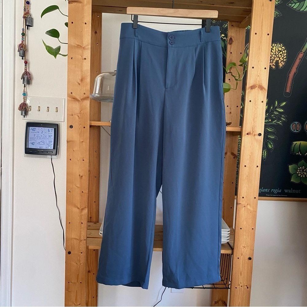Halara Blue High Waisted Button Shirred Straight Leg Work Trouser Pants Large - Picture 3 of 15